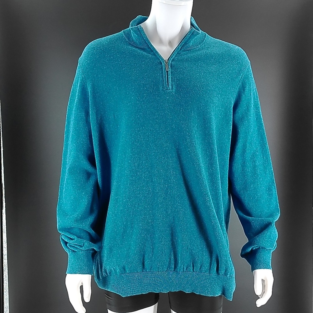 LL Bean Mens Teal Blue Cotton Cashmere Quarter Zip Mock Neck Sweater Large